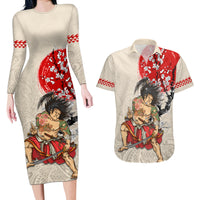 Personalised Japanese Culture Hawaii Style Couples Matching Long Sleeve Bodycon Dress and Hawaiian Shirt Japanese Samurai with Hawaiian Pattern LT03 Beige - Polynesian Pride