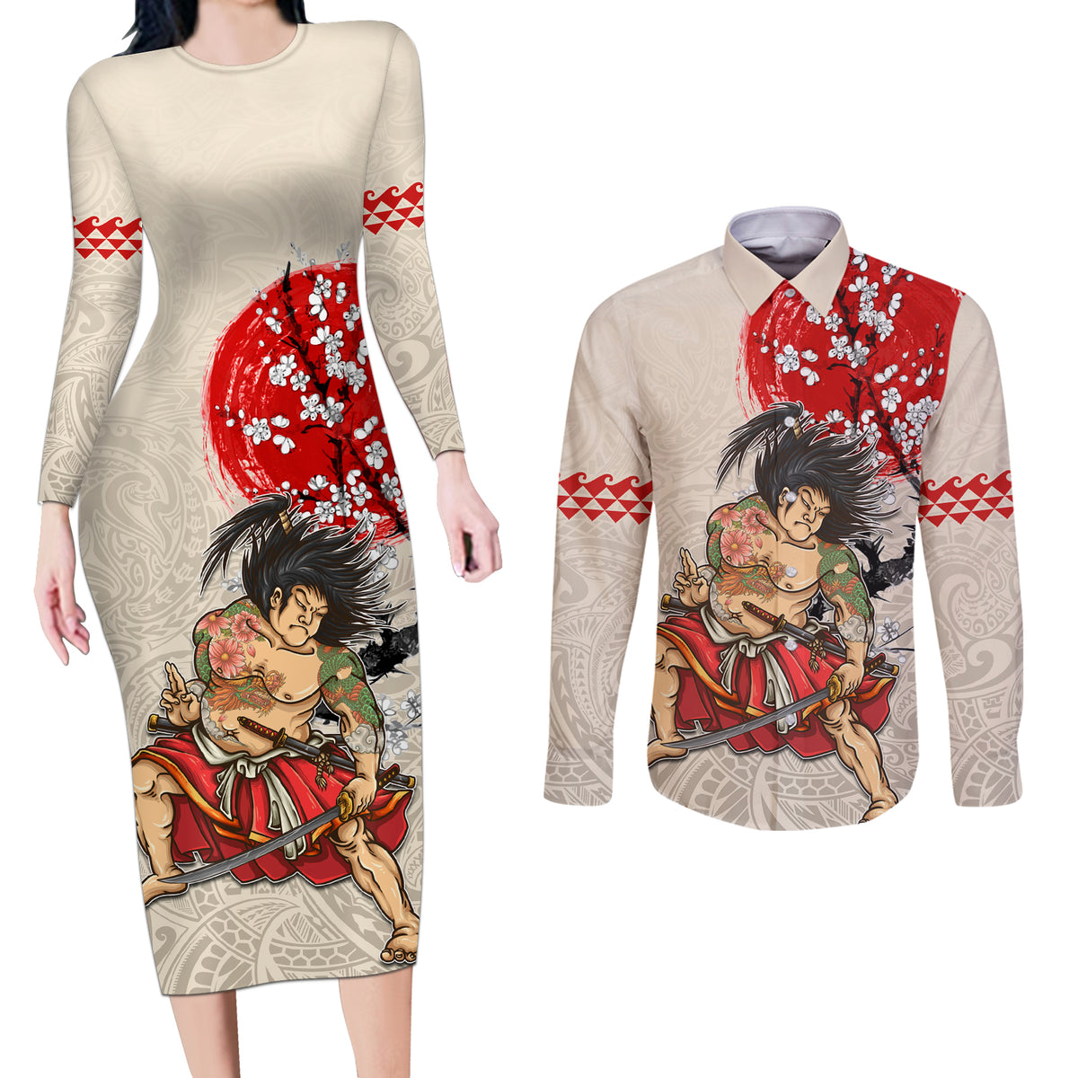 Personalised Japanese Culture Hawaii Style Couples Matching Long Sleeve Bodycon Dress and Long Sleeve Button Shirt Japanese Samurai with Hawaiian Pattern LT03 Beige - Polynesian Pride