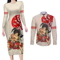 Personalised Japanese Culture Hawaii Style Couples Matching Long Sleeve Bodycon Dress and Long Sleeve Button Shirt Japanese Samurai with Hawaiian Pattern LT03 Beige - Polynesian Pride