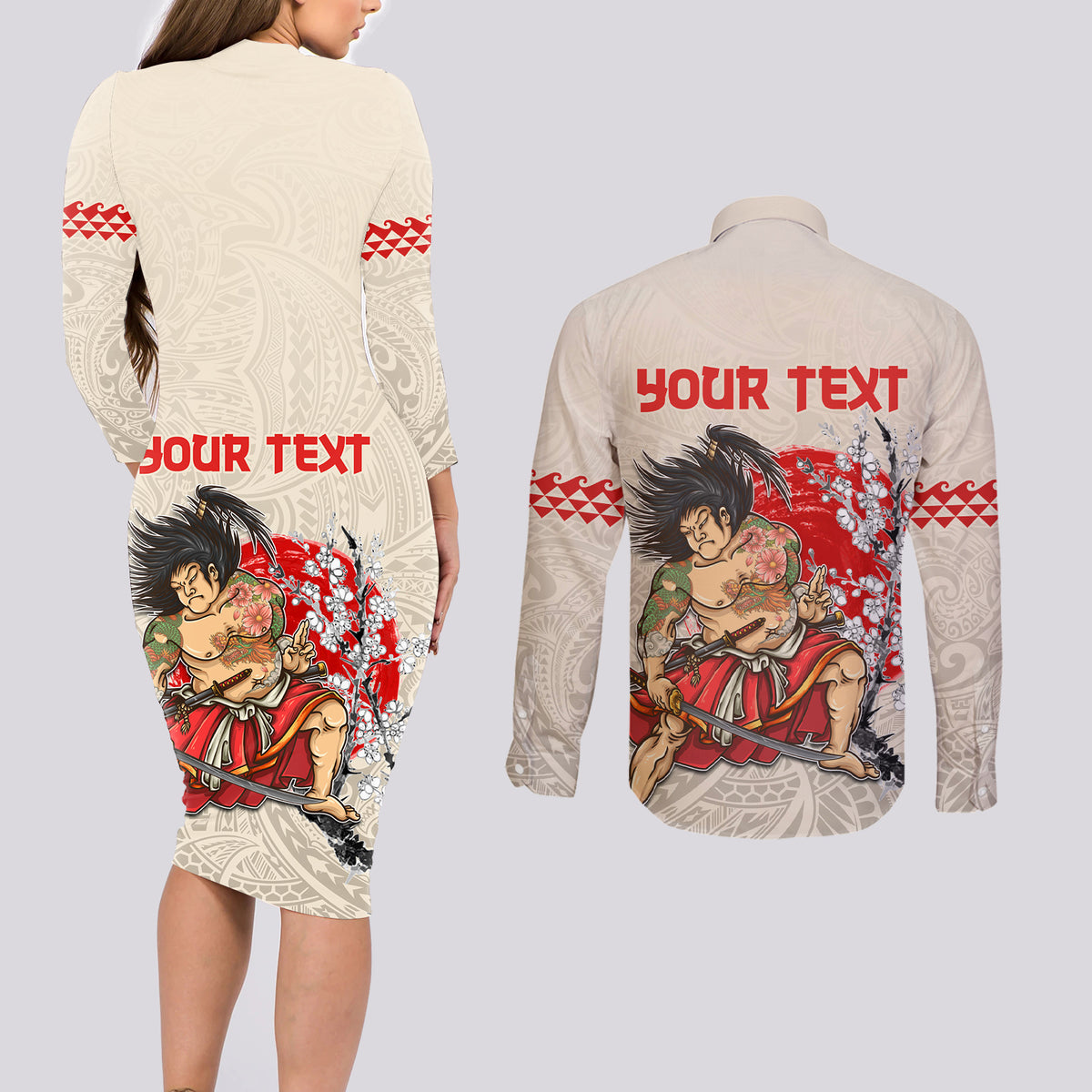 Personalised Japanese Culture Hawaii Style Couples Matching Long Sleeve Bodycon Dress and Long Sleeve Button Shirt Japanese Samurai with Hawaiian Pattern LT03 - Polynesian Pride