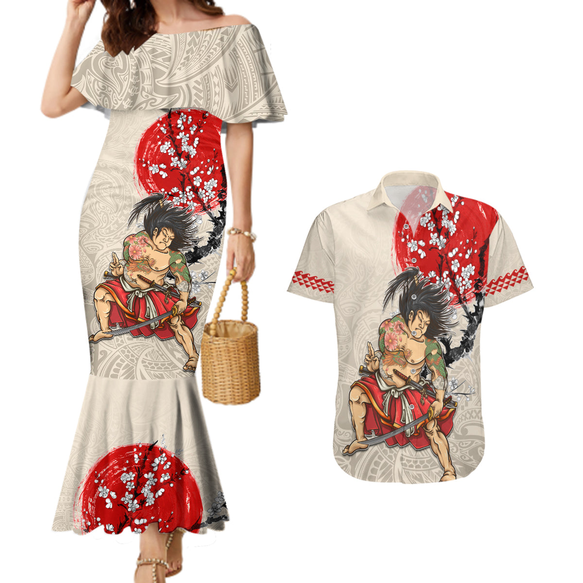 Personalised Pan-Pacific Festival Couples Matching Mermaid Dress and Hawaiian Shirt Japanese Samurai with Hawaiian Pattern