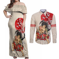 Personalised Japanese Culture Hawaii Style Couples Matching Off Shoulder Maxi Dress and Long Sleeve Button Shirt Japanese Samurai with Hawaiian Pattern LT03 Beige - Polynesian Pride