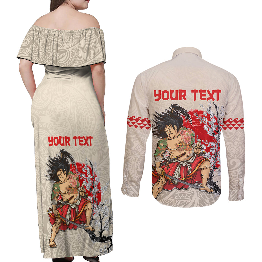Personalised Japanese Culture Hawaii Style Couples Matching Off Shoulder Maxi Dress and Long Sleeve Button Shirt Japanese Samurai with Hawaiian Pattern LT03 - Polynesian Pride
