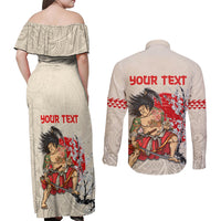 Personalised Japanese Culture Hawaii Style Couples Matching Off Shoulder Maxi Dress and Long Sleeve Button Shirt Japanese Samurai with Hawaiian Pattern LT03 - Polynesian Pride