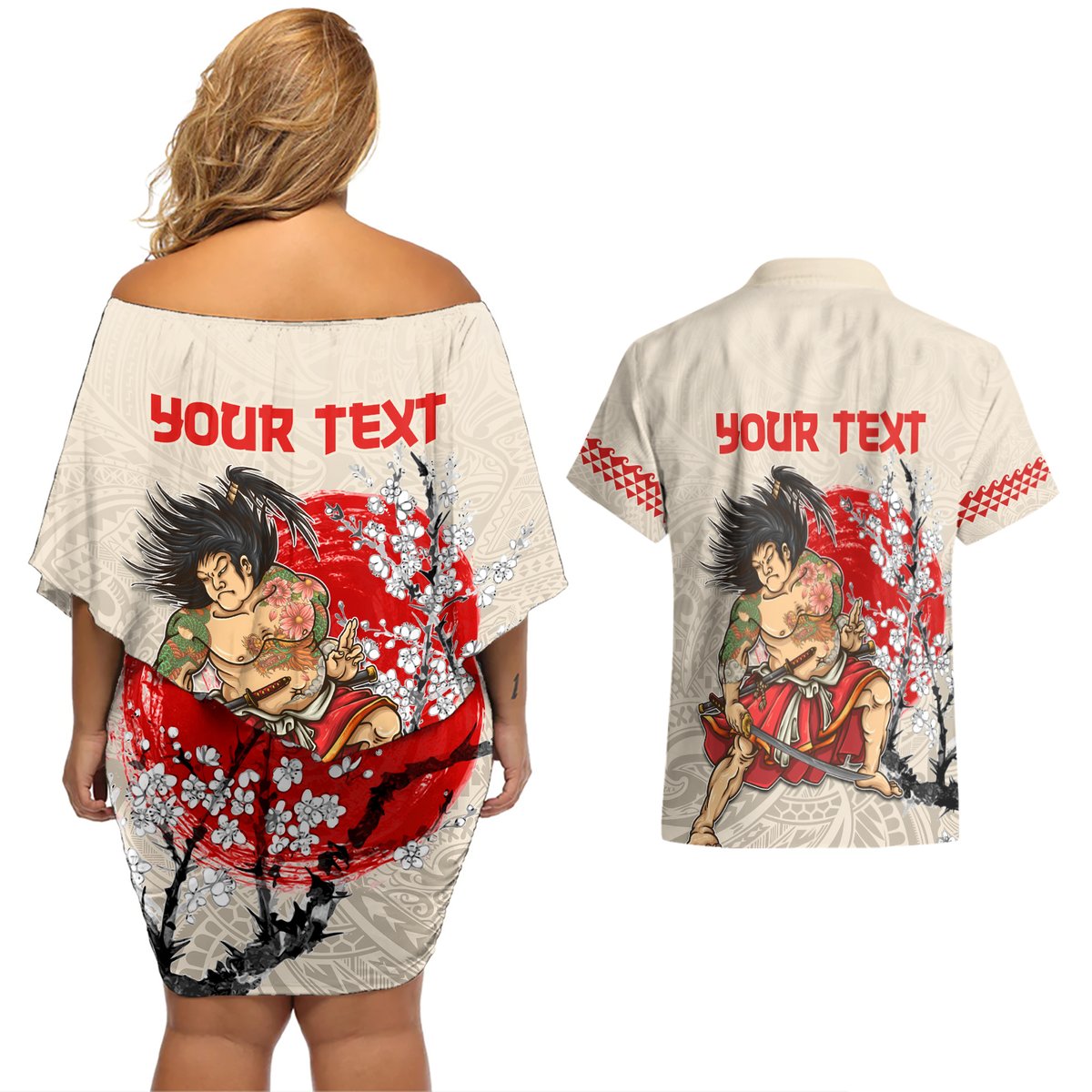 Personalised Japanese Culture Hawaii Style Couples Matching Off Shoulder Short Dress and Hawaiian Shirt Japanese Samurai with Hawaiian Pattern LT03 - Polynesian Pride