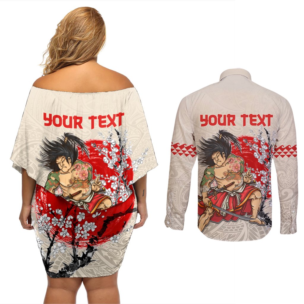 Personalised Japanese Culture Hawaii Style Couples Matching Off Shoulder Short Dress and Long Sleeve Button Shirt Japanese Samurai with Hawaiian Pattern LT03 - Polynesian Pride