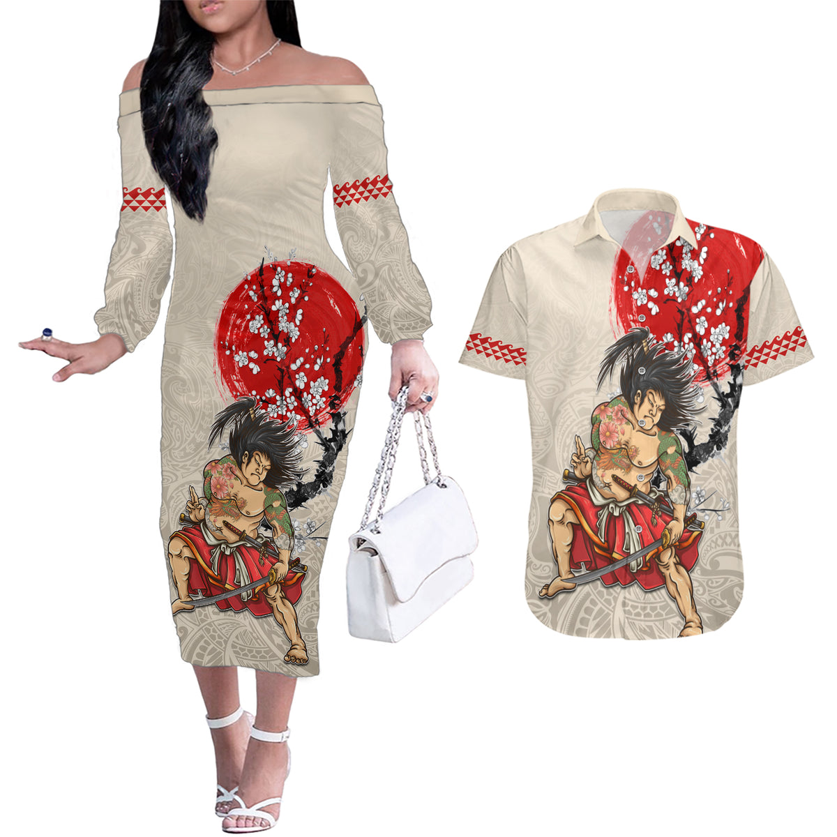 Personalised Japanese Culture Hawaii Style Couples Matching Off The Shoulder Long Sleeve Dress and Hawaiian Shirt Japanese Samurai with Hawaiian Pattern LT03 Beige - Polynesian Pride
