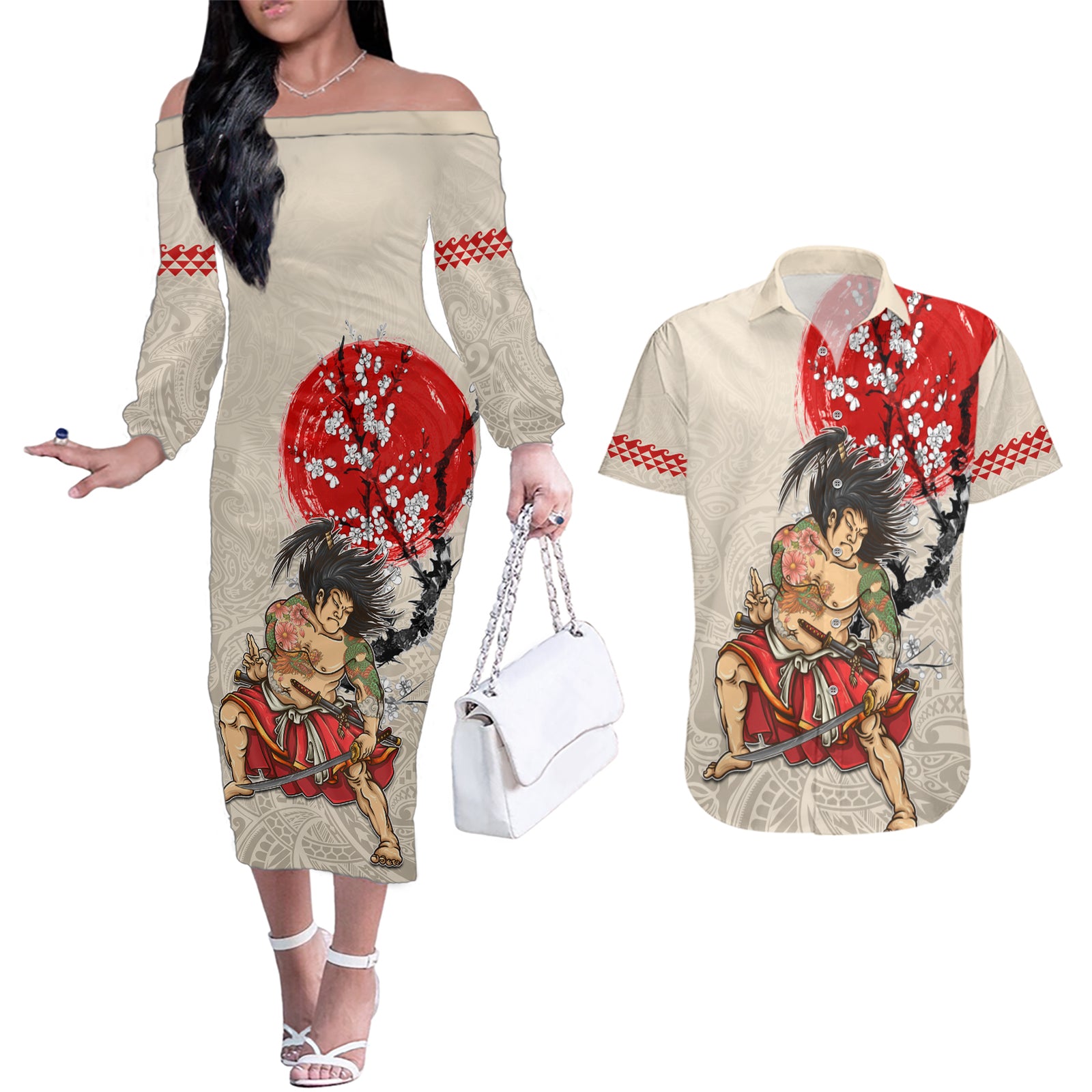 Personalised Japanese Culture Hawaii Style Couples Matching Off The Shoulder Long Sleeve Dress and Hawaiian Shirt Japanese Samurai with Hawaiian Pattern LT03 Beige - Polynesian Pride