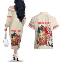 Personalised Japanese Culture Hawaii Style Couples Matching Off The Shoulder Long Sleeve Dress and Hawaiian Shirt Japanese Samurai with Hawaiian Pattern LT03 - Polynesian Pride