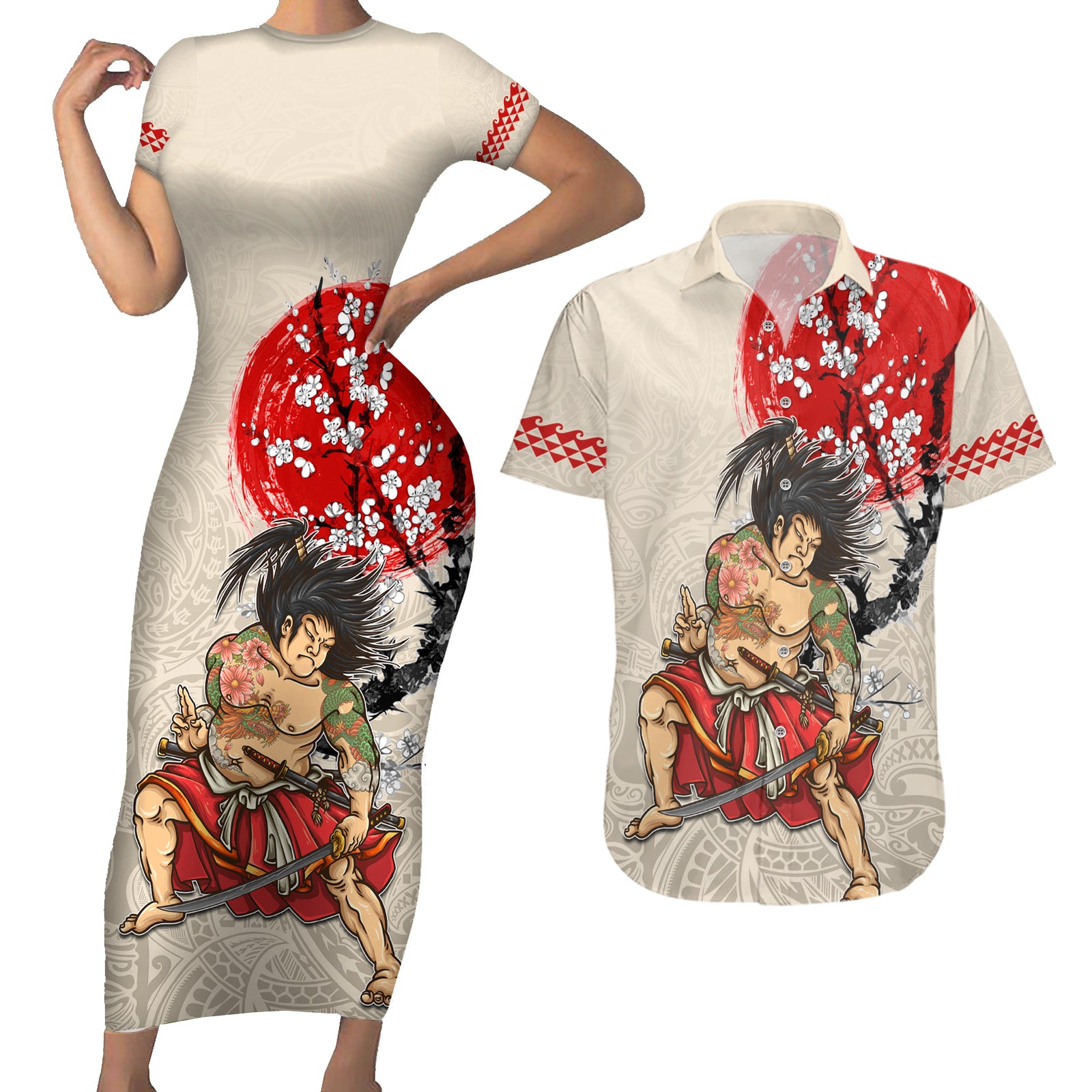 Personalised Japanese Culture Hawaii Style Couples Matching Short Sleeve Bodycon Dress and Hawaiian Shirt Japanese Samurai with Hawaiian Pattern LT03 Beige - Polynesian Pride