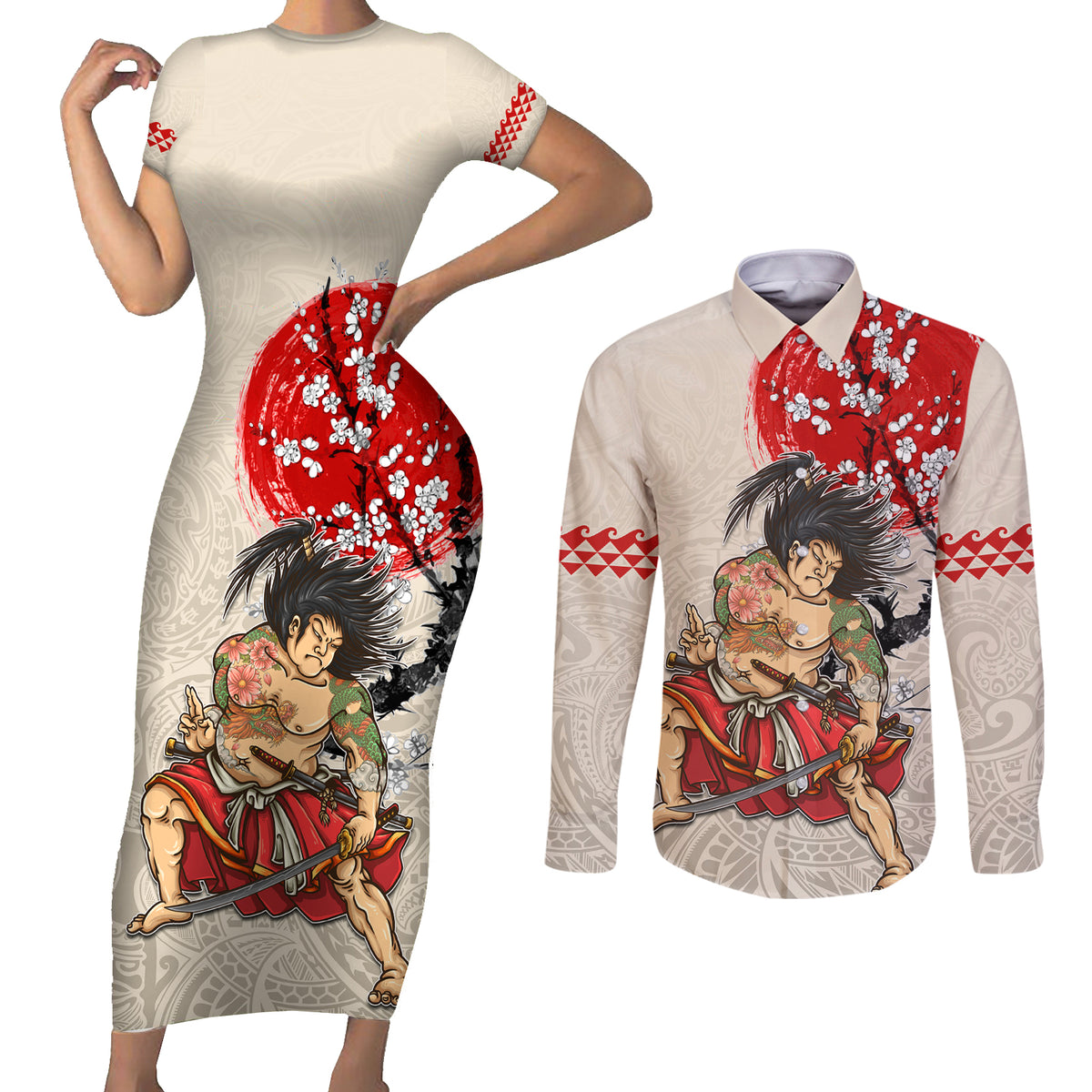 Personalised Japanese Culture Hawaii Style Couples Matching Short Sleeve Bodycon Dress and Long Sleeve Button Shirt Japanese Samurai with Hawaiian Pattern LT03 Beige - Polynesian Pride