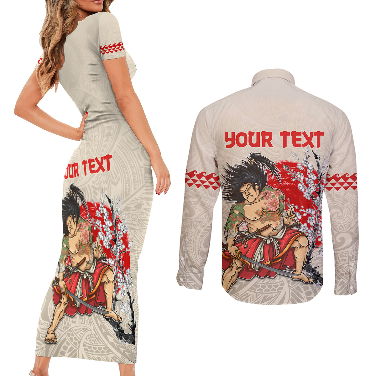 Personalised Japanese Culture Hawaii Style Couples Matching Short Sleeve Bodycon Dress and Long Sleeve Button Shirt Japanese Samurai with Hawaiian Pattern LT03 - Polynesian Pride