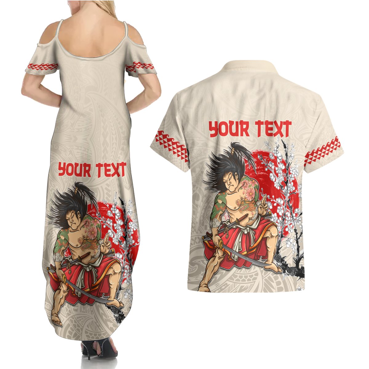 Personalised Japanese Culture Hawaii Style Couples Matching Summer Maxi Dress and Hawaiian Shirt Japanese Samurai with Hawaiian Pattern LT03 - Polynesian Pride
