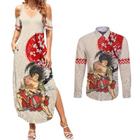 Personalised Japanese Culture Hawaii Style Couples Matching Summer Maxi Dress and Long Sleeve Button Shirt Japanese Samurai with Hawaiian Pattern LT03 Beige - Polynesian Pride