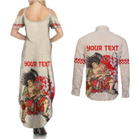 Personalised Japanese Culture Hawaii Style Couples Matching Summer Maxi Dress and Long Sleeve Button Shirt Japanese Samurai with Hawaiian Pattern LT03 - Polynesian Pride