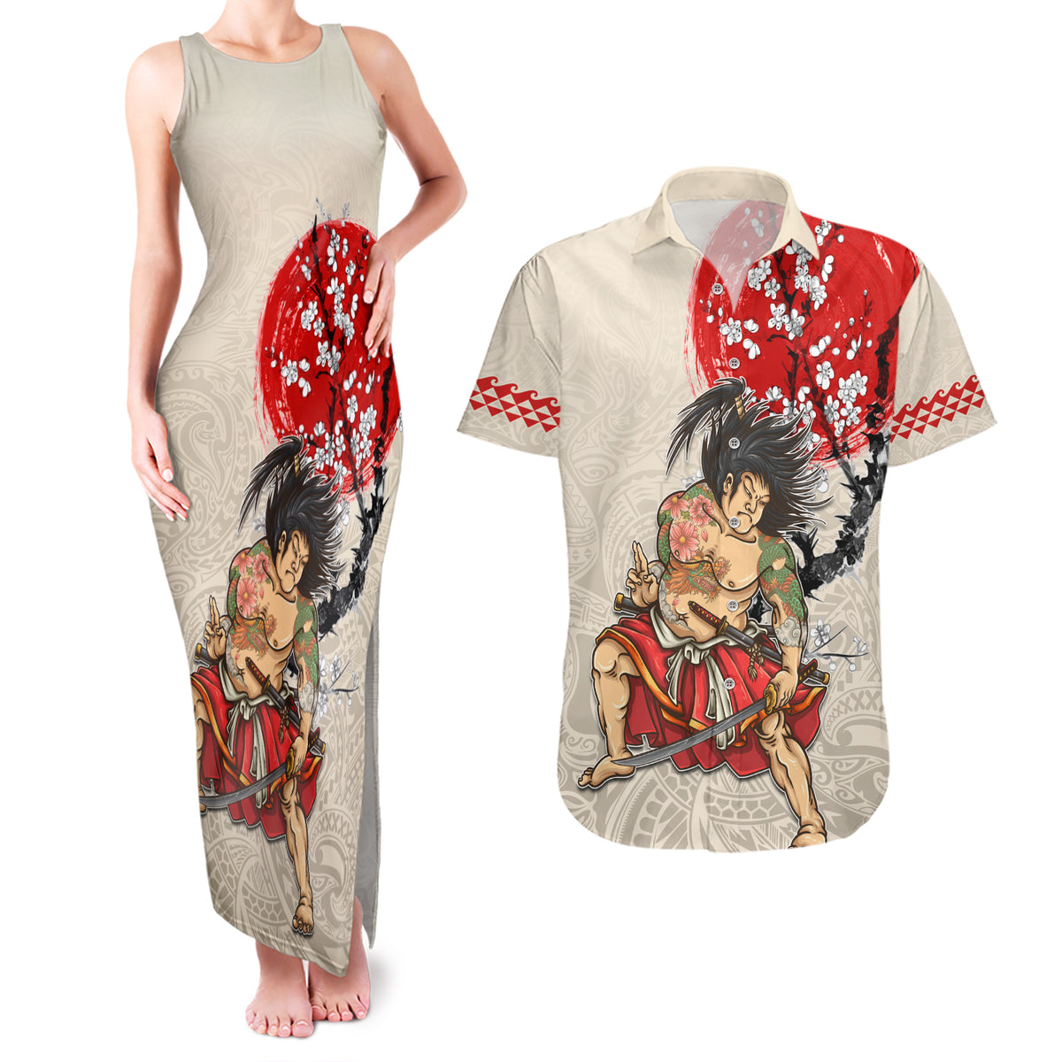 Personalised Japanese Culture Hawaii Style Couples Matching Tank Maxi Dress and Hawaiian Shirt Japanese Samurai with Hawaiian Pattern LT03 Beige - Polynesian Pride