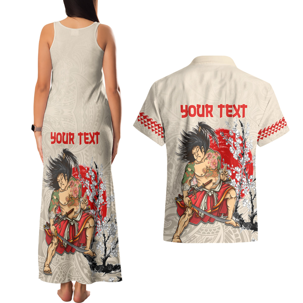 Personalised Japanese Culture Hawaii Style Couples Matching Tank Maxi Dress and Hawaiian Shirt Japanese Samurai with Hawaiian Pattern LT03 - Polynesian Pride