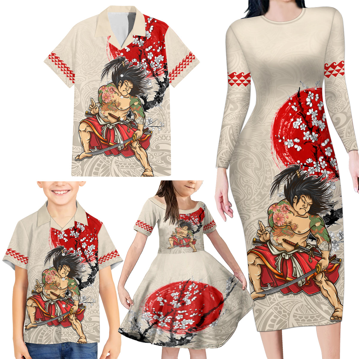 Personalised Pan-Pacific Festival Family Matching Long Sleeve Bodycon Dress and Hawaiian Shirt Japanese Samurai with Hawaiian Pattern