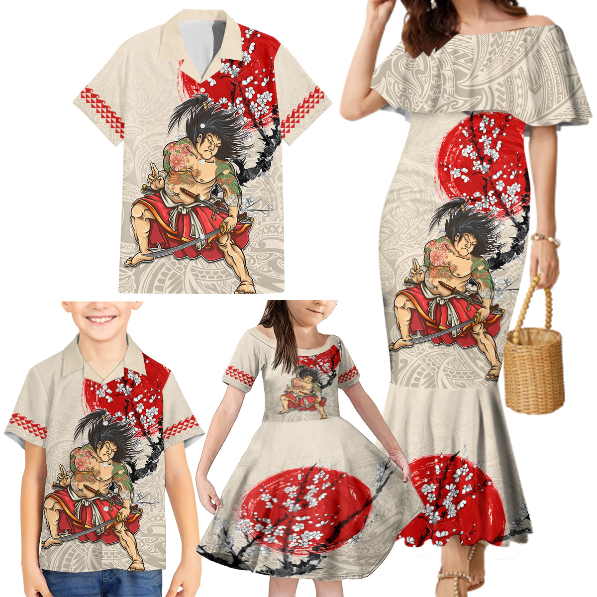 Personalised Pan-Pacific Festival Family Matching Mermaid Dress and Hawaiian Shirt Japanese Samurai with Hawaiian Pattern