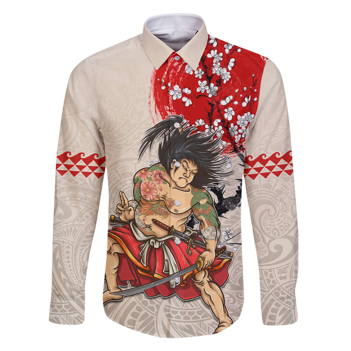 Personalised Japanese Culture Hawaii Style Family Matching Mermaid Dress and Hawaiian Shirt Japanese Samurai with Hawaiian Pattern LT03 Dad's Shirt - Long Sleeve Beige - Polynesian Pride