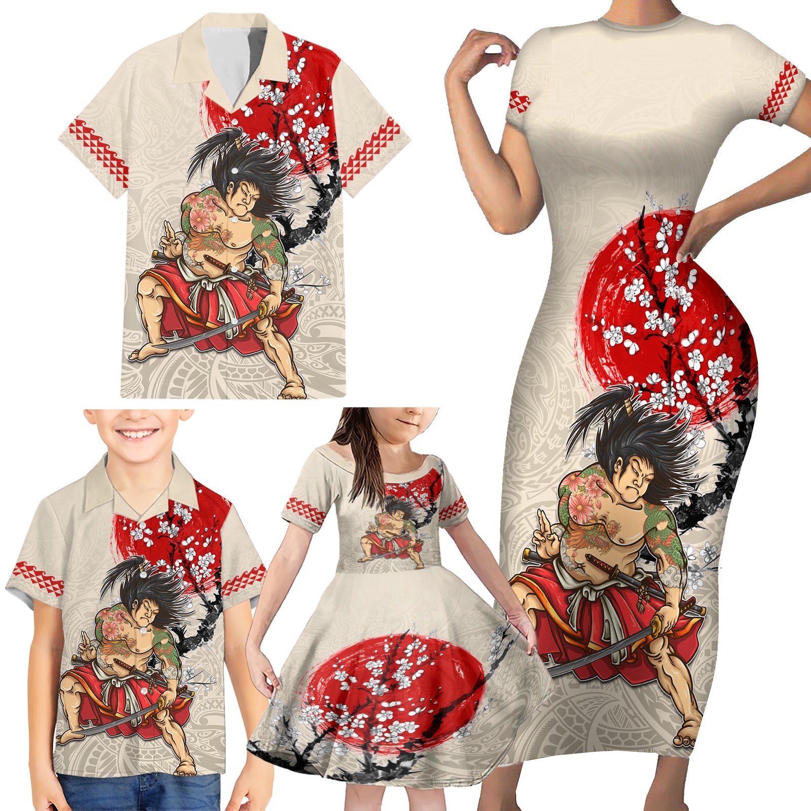 Personalised Pan-Pacific Festival Family Matching Short Sleeve Bodycon Dress and Hawaiian Shirt Japanese Samurai with Hawaiian Pattern