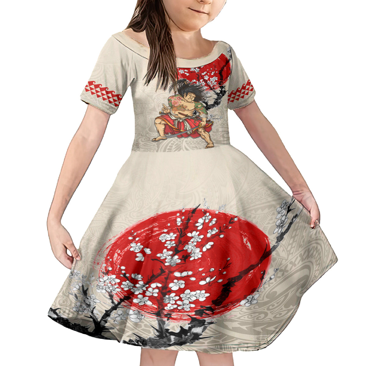 Personalised Japanese Culture Hawaii Style Family Matching Tank Maxi Dress and Hawaiian Shirt Japanese Samurai with Hawaiian Pattern LT03 Daughter's Dress Beige - Polynesian Pride
