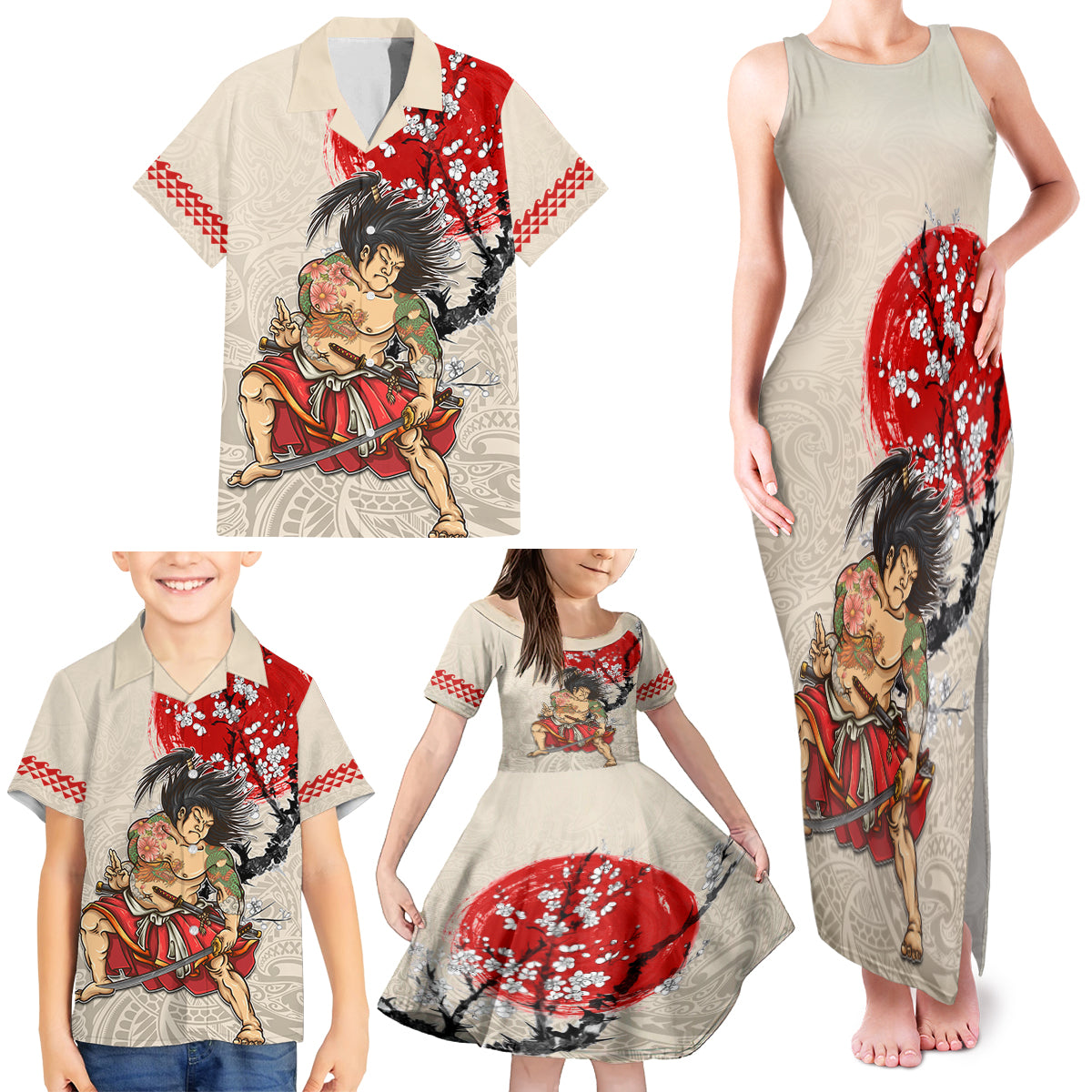 Personalised Pan-Pacific Festival Family Matching Tank Maxi Dress and Hawaiian Shirt Japanese Samurai with Hawaiian Pattern