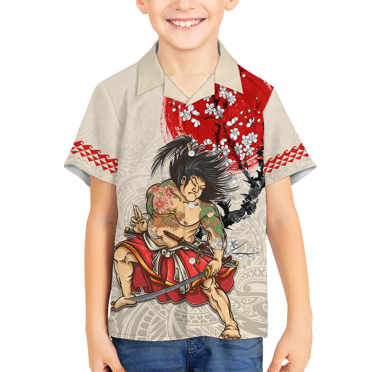 Personalised Japanese Culture Hawaii Style Family Matching Tank Maxi Dress and Hawaiian Shirt Japanese Samurai with Hawaiian Pattern LT03 Son's Shirt Beige - Polynesian Pride