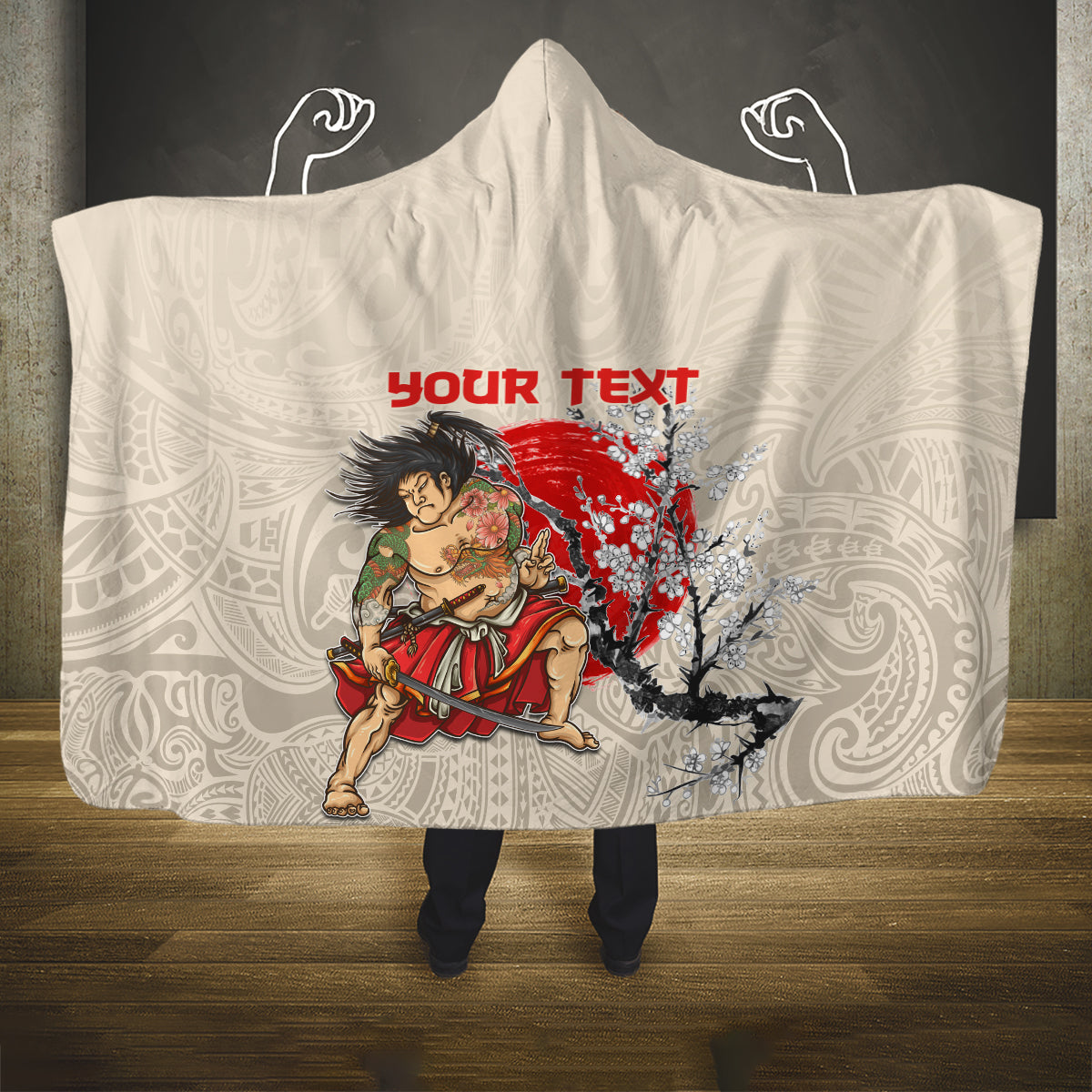 Personalised Japanese Culture Hawaii Style Hooded Blanket Japanese Samurai with Hawaiian Pattern LT03 One Size Beige - Polynesian Pride