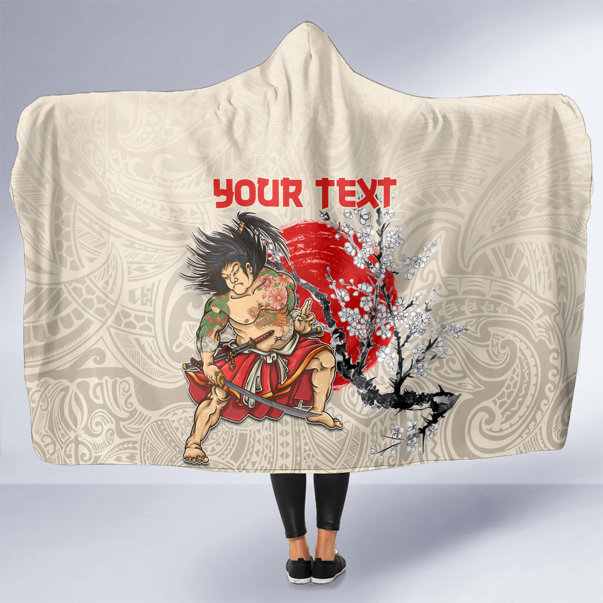 Personalised Japanese Culture Hawaii Style Hooded Blanket Japanese Samurai with Hawaiian Pattern LT03 - Polynesian Pride