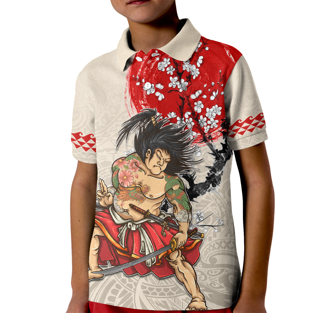 Personalised Pan-Pacific Festival Kid Polo Shirt Japanese Samurai with Hawaiian Pattern