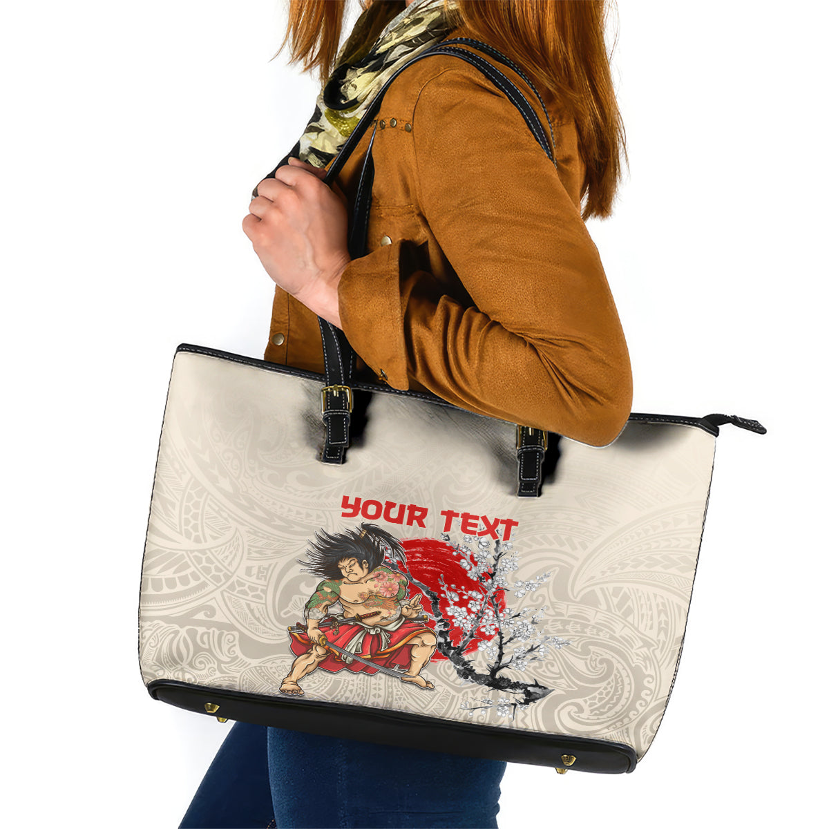 Personalised Japanese Culture Hawaii Style Leather Tote Bag Japanese Samurai with Hawaiian Pattern LT03 Beige - Polynesian Pride