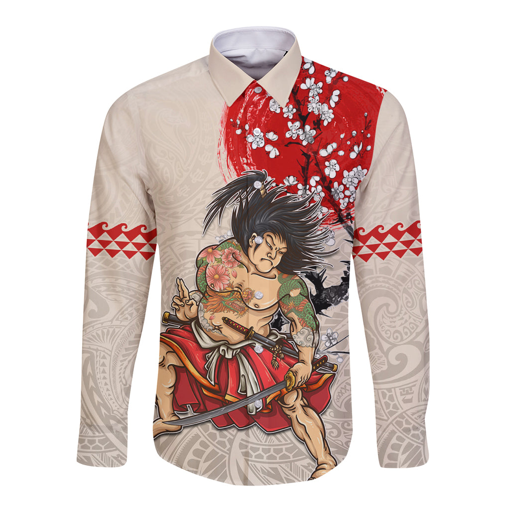 Personalised Pan-Pacific Festival Long Sleeve Button Shirt Japanese Samurai with Hawaiian Pattern