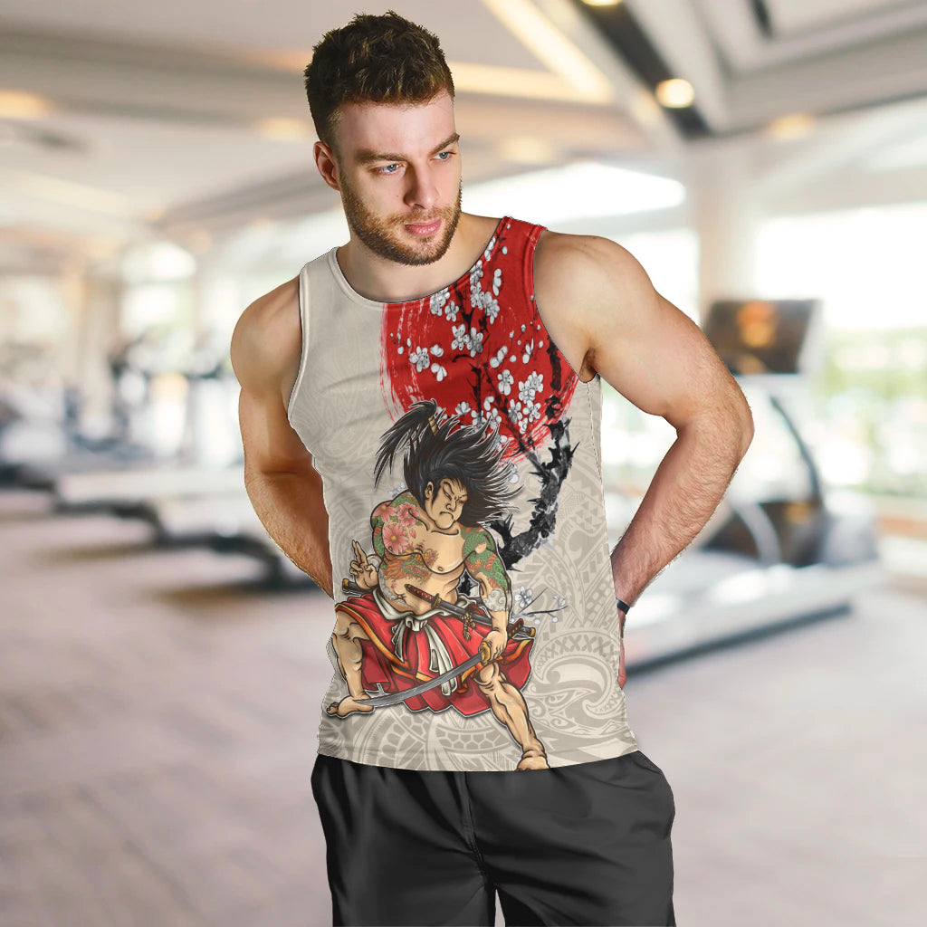 Personalised Japanese Culture Hawaii Style Men Tank Top Japanese Samurai with Hawaiian Pattern LT03 Beige - Polynesian Pride