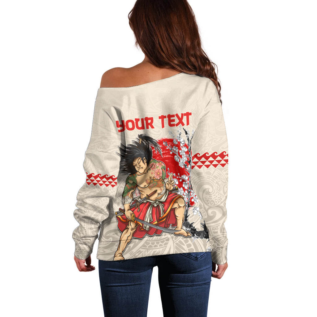 Personalised Pan-Pacific Festival Off Shoulder Sweater Japanese Samurai with Hawaiian Pattern