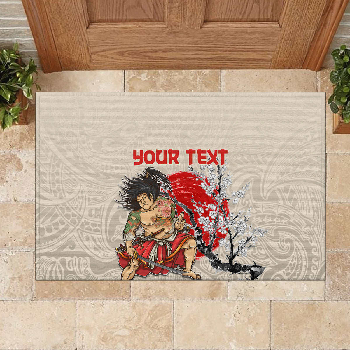 Personalised Japanese Culture Hawaii Style Rubber Doormat Japanese Samurai with Hawaiian Pattern LT03 - Polynesian Pride