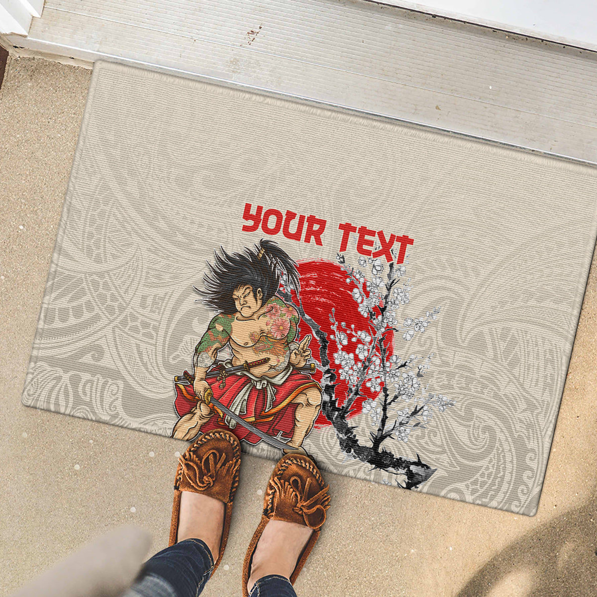 Personalised Japanese Culture Hawaii Style Rubber Doormat Japanese Samurai with Hawaiian Pattern LT03 - Polynesian Pride