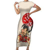 Personalised Pan-Pacific Festival Short Sleeve Bodycon Dress Japanese Samurai with Hawaiian Pattern