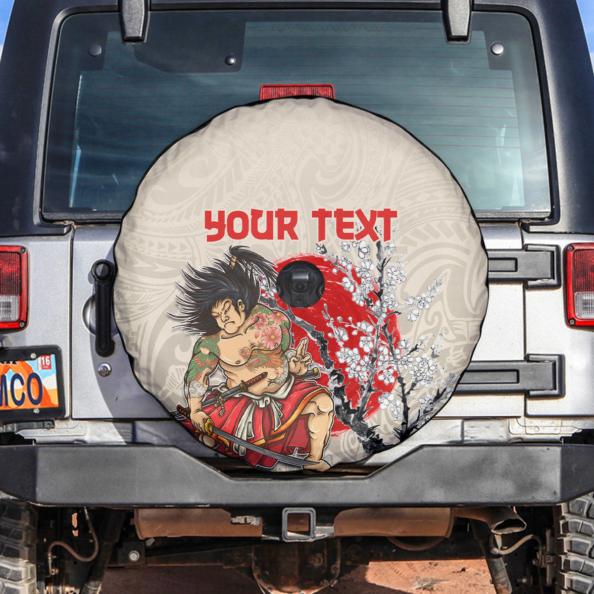 Personalised Pan-Pacific Festival Spare Tire Cover Japanese Samurai with Hawaiian Pattern