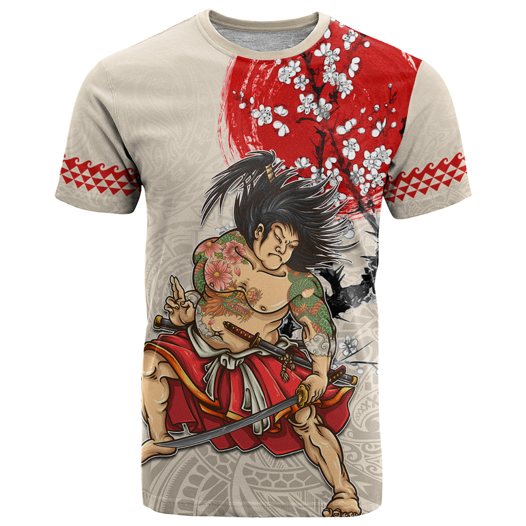 Personalised Pan-Pacific Festival T Shirt Japanese Samurai with Hawaiian Pattern