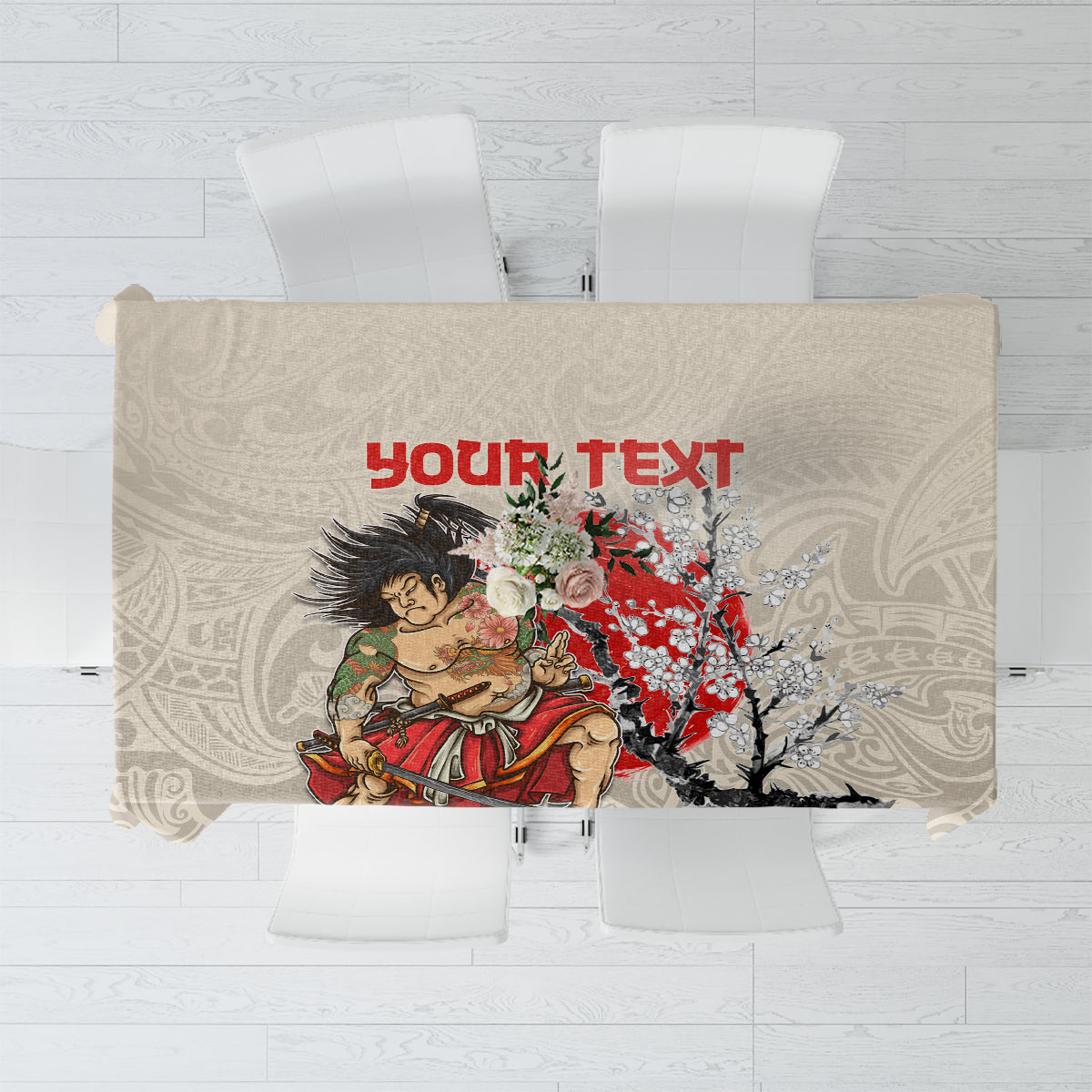 Personalised Japanese Culture Hawaii Style Tablecloth Japanese Samurai with Hawaiian Pattern LT03 Beige - Polynesian Pride