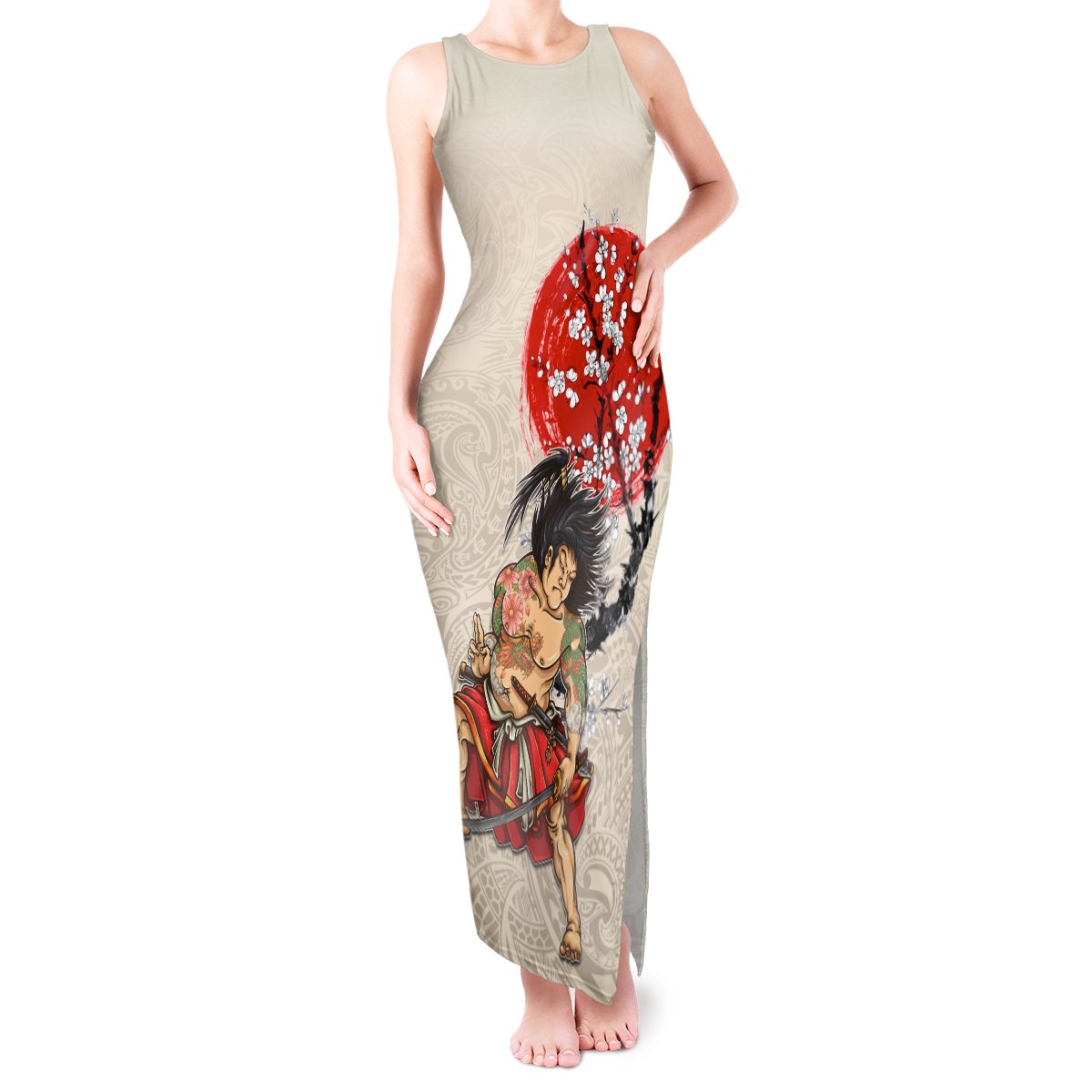 Personalised Japanese Culture Hawaii Style Tank Maxi Dress Japanese Samurai with Hawaiian Pattern LT03 Women Beige - Polynesian Pride