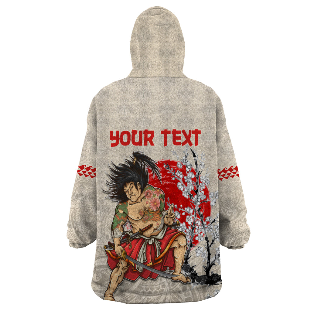 Personalised Japanese Culture Hawaii Style Wearable Blanket Hoodie Japanese Samurai with Hawaiian Pattern LT03 - Polynesian Pride