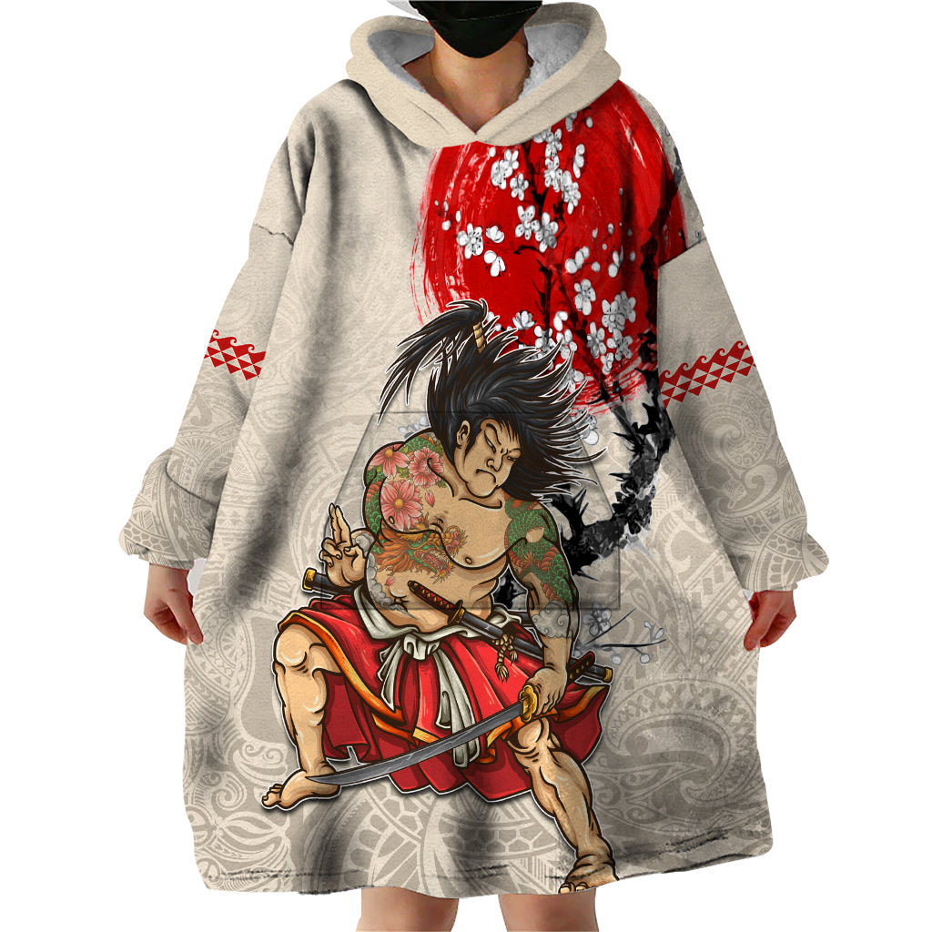 Personalised Japanese Culture Hawaii Style Wearable Blanket Hoodie Japanese Samurai with Hawaiian Pattern LT03 - Polynesian Pride