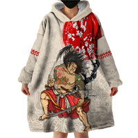 Personalised Japanese Culture Hawaii Style Wearable Blanket Hoodie Japanese Samurai with Hawaiian Pattern LT03 - Polynesian Pride