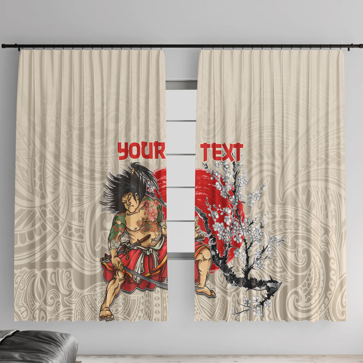 Personalised Japanese Culture Hawaii Style Window Curtain Japanese Samurai with Hawaiian Pattern LT03 With Hooks Beige - Polynesian Pride