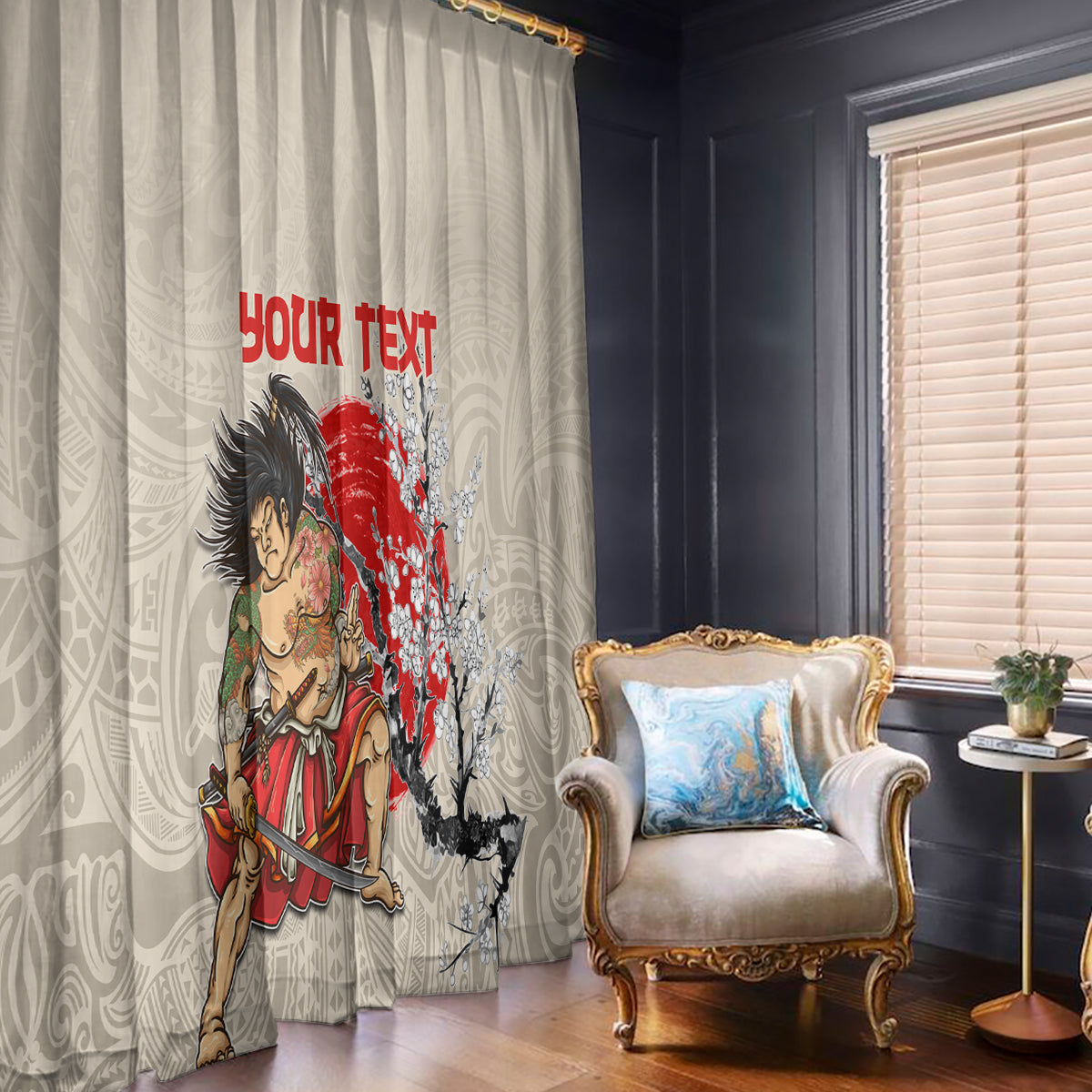 Personalised Japanese Culture Hawaii Style Window Curtain Japanese Samurai with Hawaiian Pattern LT03 - Polynesian Pride