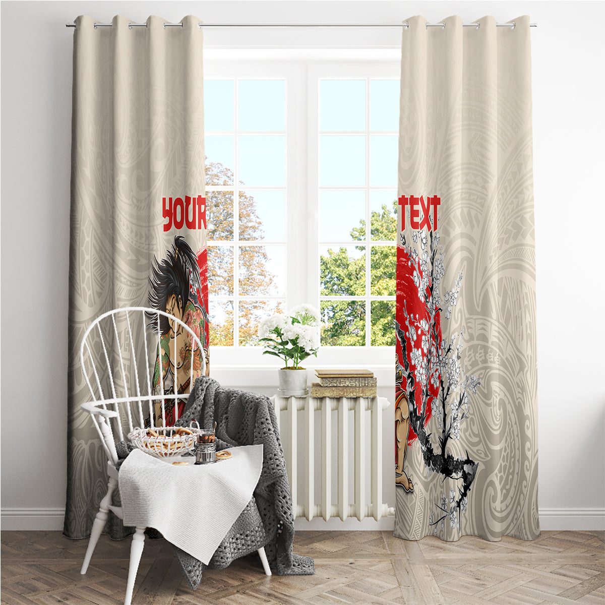 Personalised Japanese Culture Hawaii Style Window Curtain Japanese Samurai with Hawaiian Pattern LT03 - Polynesian Pride