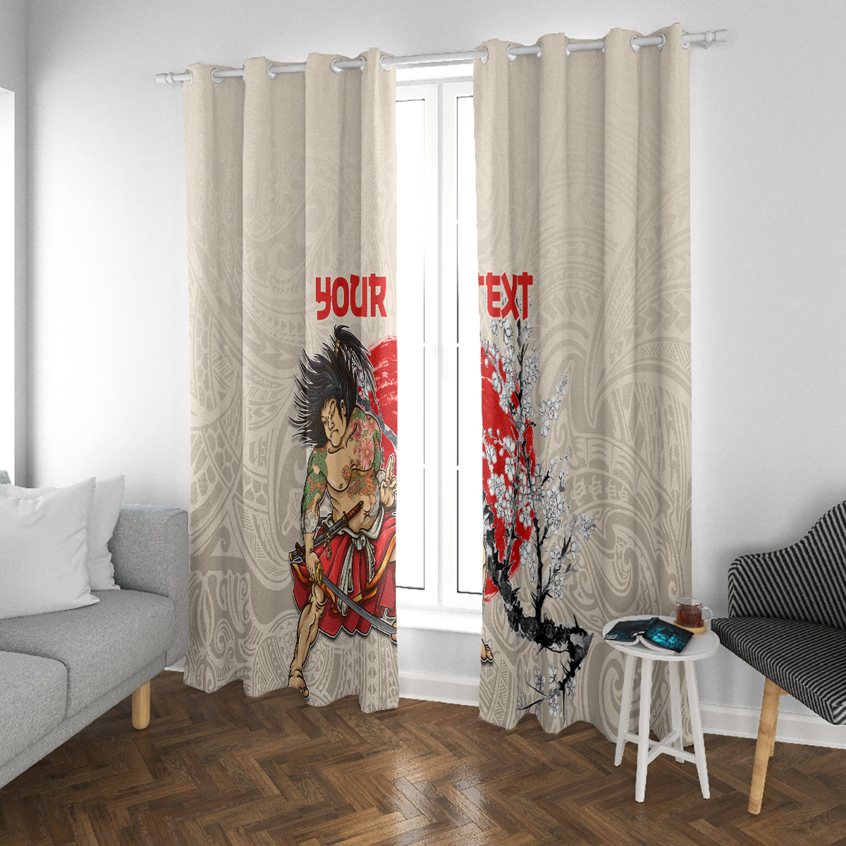 Personalised Japanese Culture Hawaii Style Window Curtain Japanese Samurai with Hawaiian Pattern LT03 With Grommets Beige - Polynesian Pride