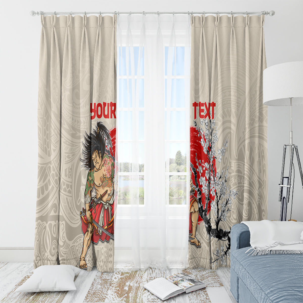 Personalised Japanese Culture Hawaii Style Window Curtain Japanese Samurai with Hawaiian Pattern LT03 - Polynesian Pride